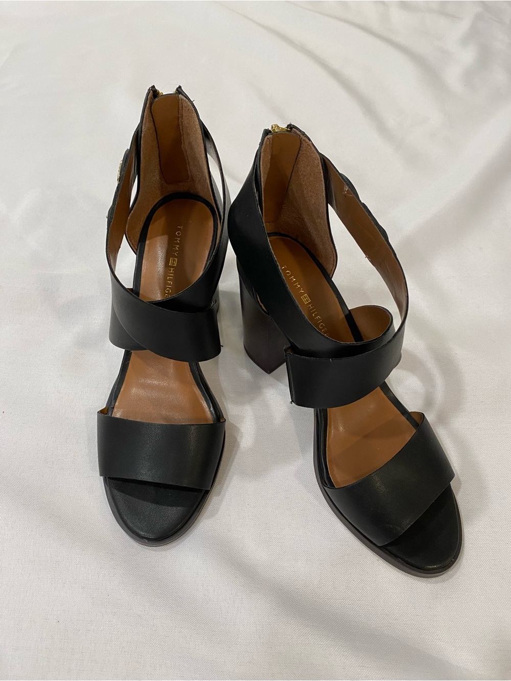 Tommy Hilfiger Black Leather Strappy Block Heel Sandals